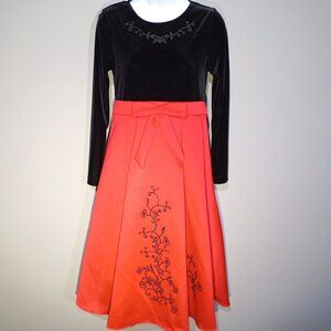 Rare Editions, Red Satin Dress & Black Velvet Bodice, Floral Black Beads Design.